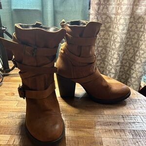 Women's Brown Heeled Ankle Boots with Wrap Straps